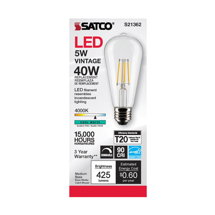 SATCO/NUVO 5W ST19 LED Clear Medium Base 90 CRI 4000K 120V (S21362)