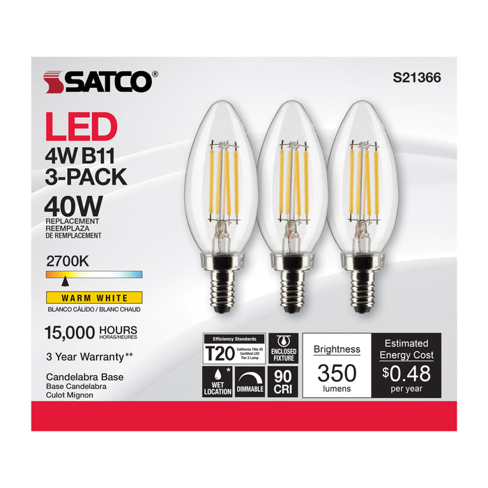 SATCO/NUVO 4W B11 LED Clear Candelabra Base 90 CRI 2700K 120V 3-Pack (S21366)