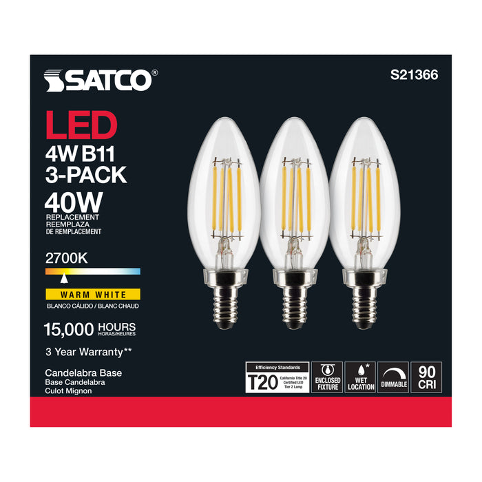 SATCO/NUVO 4W B11 LED Clear Candelabra Base 90 CRI 2700K 120V 3-Pack (S21366)