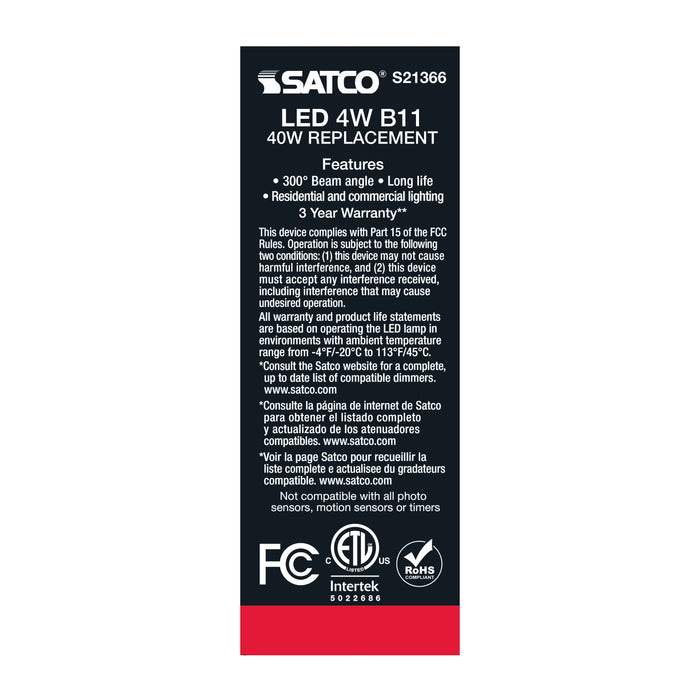 SATCO/NUVO 4W B11 LED Clear Candelabra Base 90 CRI 2700K 120V 3-Pack (S21366)