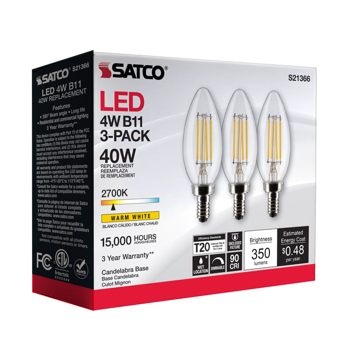 SATCO/NUVO 4W B11 LED Clear Candelabra Base 90 CRI 2700K 120V 3-Pack (S21366)