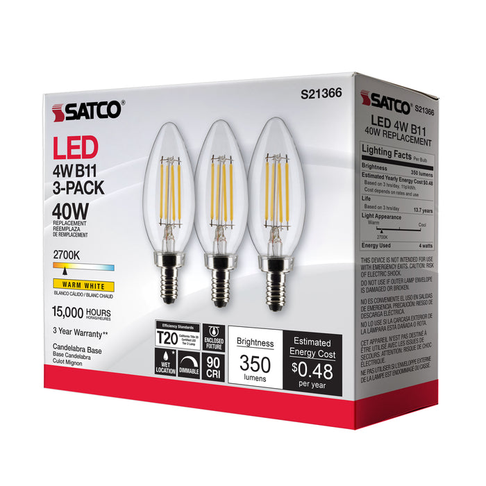 SATCO/NUVO 4W B11 LED Clear Candelabra Base 90 CRI 2700K 120V 3-Pack (S21366)