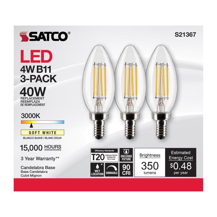 SATCO/NUVO 4W B11 LED Clear Candelabra Base 90 CRI 3000K 120V 3-Pack (S21367)