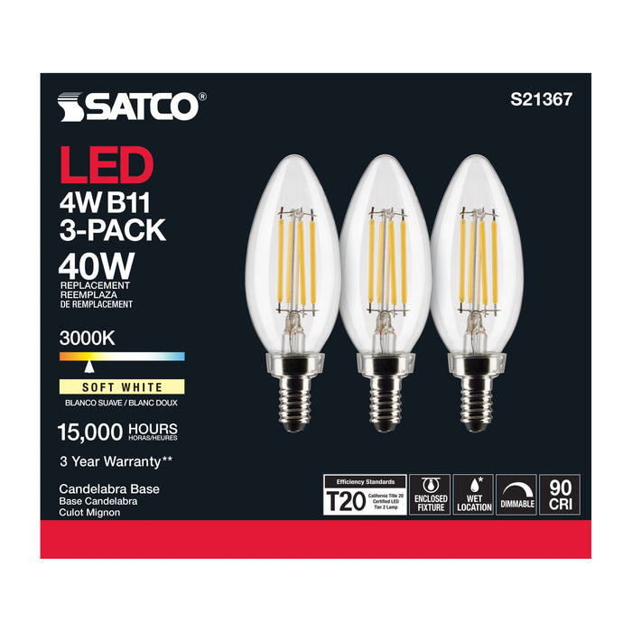 SATCO/NUVO 4W B11 LED Clear Candelabra Base 90 CRI 3000K 120V 3-Pack (S21367)