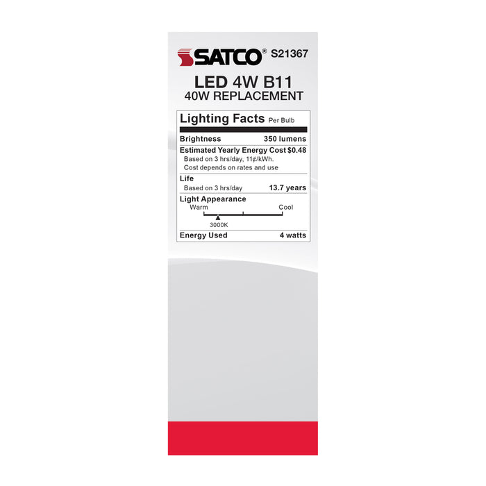 SATCO/NUVO 4W B11 LED Clear Candelabra Base 90 CRI 3000K 120V 3-Pack (S21367)