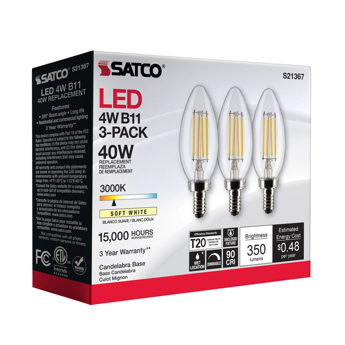 SATCO/NUVO 4W B11 LED Clear Candelabra Base 90 CRI 3000K 120V 3-Pack (S21367)