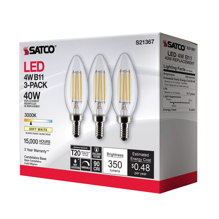 SATCO/NUVO 4W B11 LED Clear Candelabra Base 90 CRI 3000K 120V 3-Pack (S21367)
