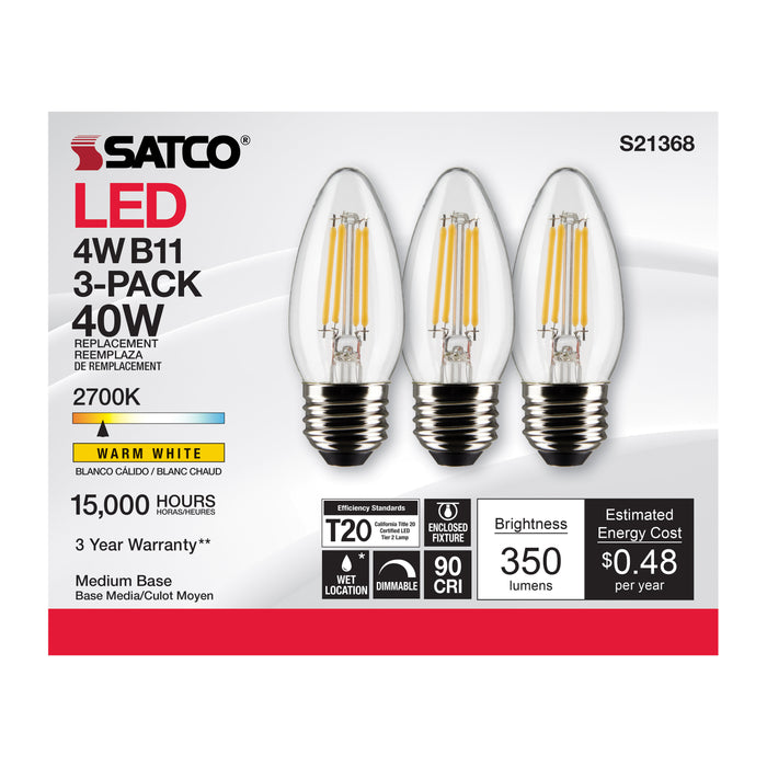 SATCO/NUVO 4W B11 LED Clear Medium Base 90 CRI 2700K 120V 3-Pack (S21368)