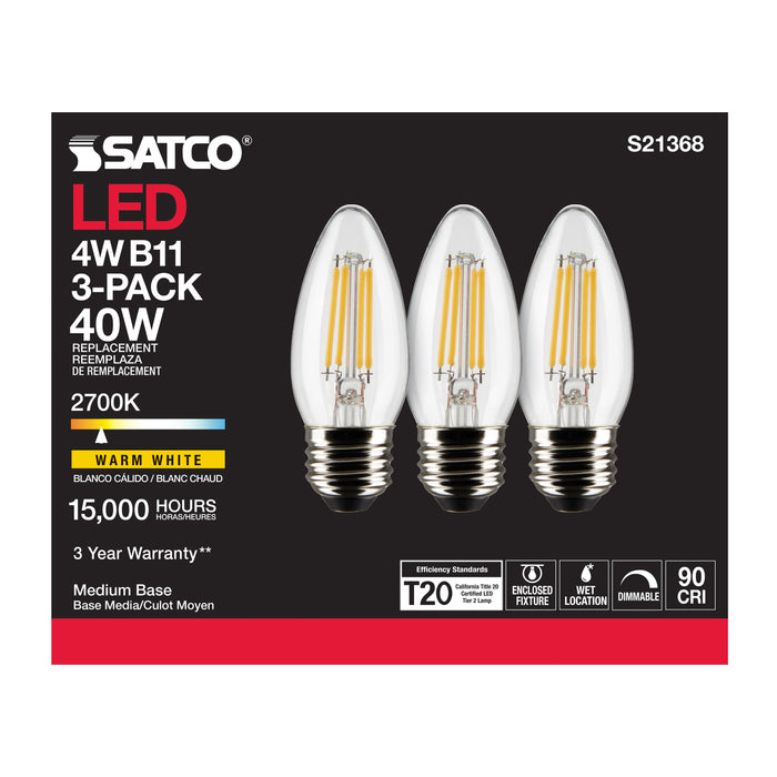 SATCO/NUVO 4W B11 LED Clear Medium Base 90 CRI 2700K 120V 3-Pack (S21368)