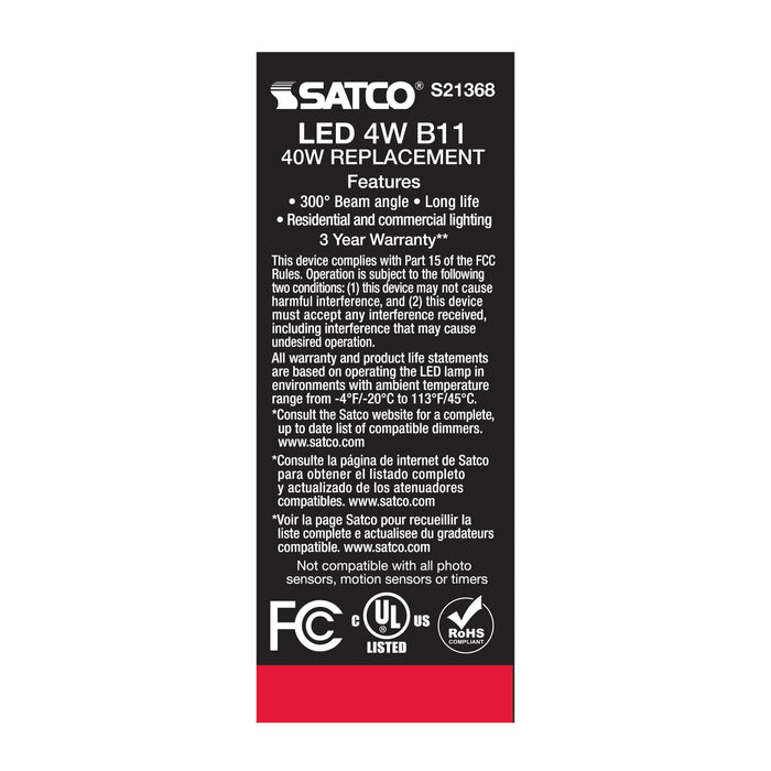 SATCO/NUVO 4W B11 LED Clear Medium Base 90 CRI 2700K 120V 3-Pack (S21368)