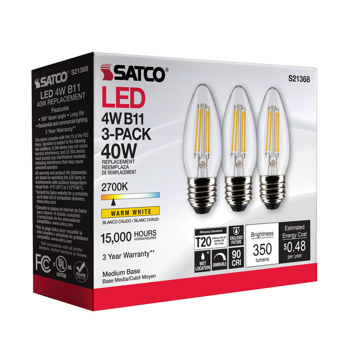 SATCO/NUVO 4W B11 LED Clear Medium Base 90 CRI 2700K 120V 3-Pack (S21368)