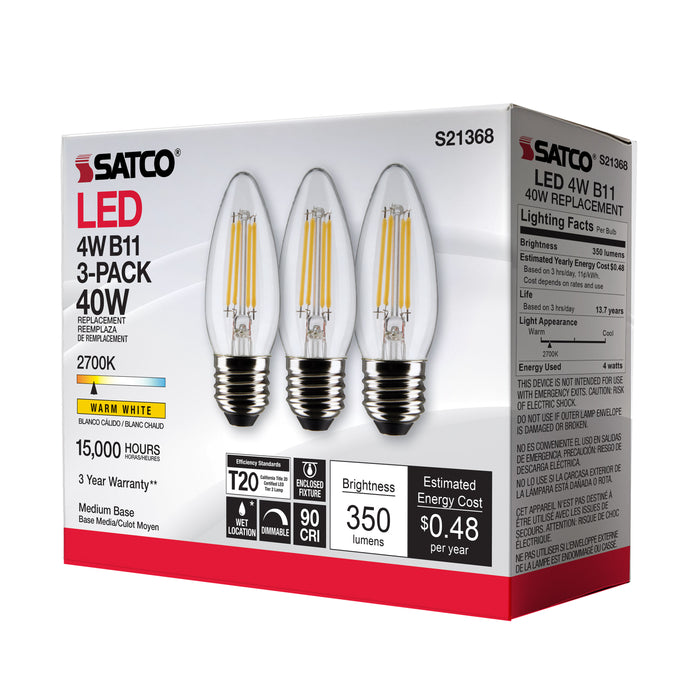 SATCO/NUVO 4W B11 LED Clear Medium Base 90 CRI 2700K 120V 3-Pack (S21368)
