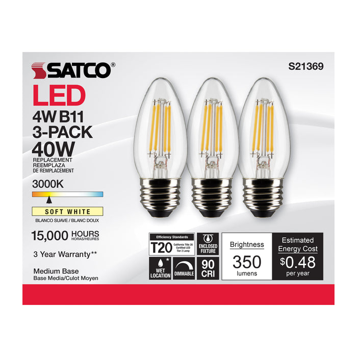 SATCO/NUVO 4W B11 LED Clear Medium Base 90 CRI 3000K 120V 3-Pack (S21369)