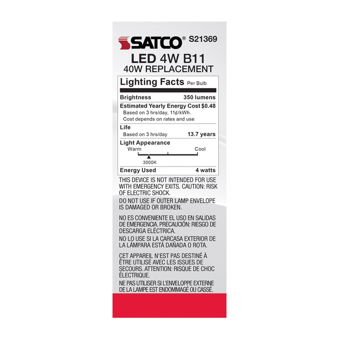 SATCO/NUVO 4W B11 LED Clear Medium Base 90 CRI 3000K 120V 3-Pack (S21369)