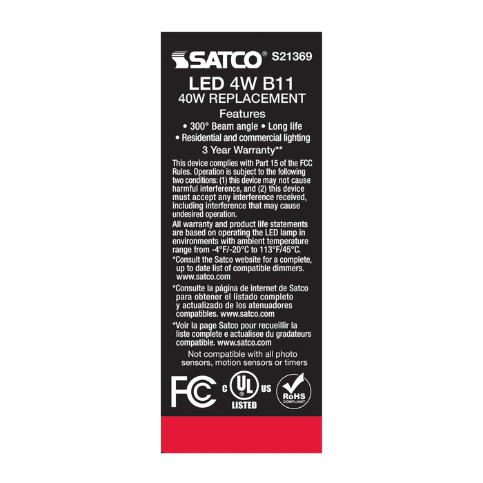 SATCO/NUVO 4W B11 LED Clear Medium Base 90 CRI 3000K 120V 3-Pack (S21369)