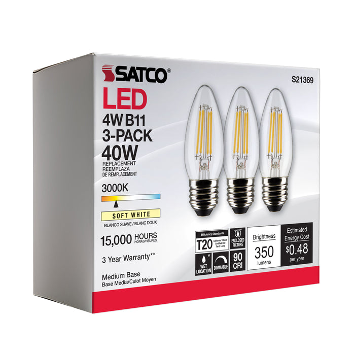 SATCO/NUVO 4W B11 LED Clear Medium Base 90 CRI 3000K 120V 3-Pack (S21369)