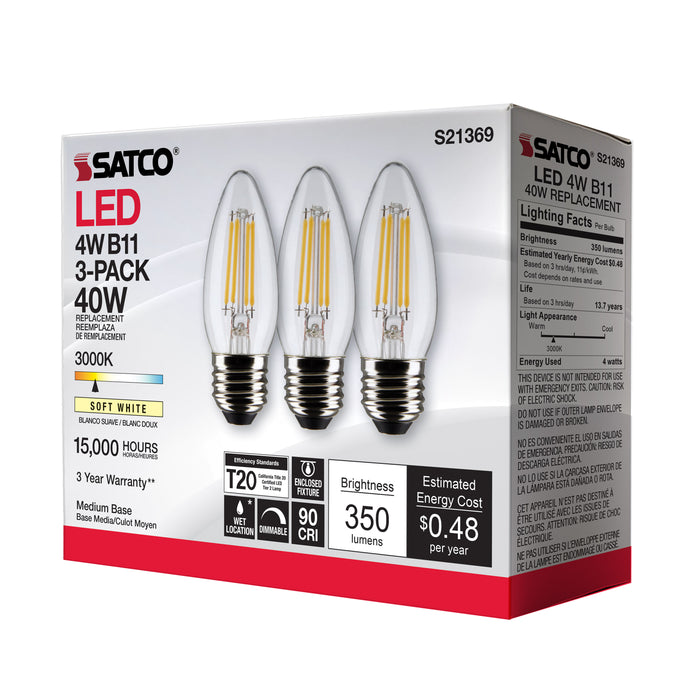 SATCO/NUVO 4W B11 LED Clear Medium Base 90 CRI 3000K 120V 3-Pack (S21369)