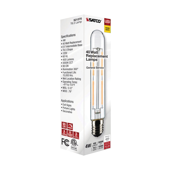 SATCO/NUVO 4W T6.5 LED Clear Intermediate Base 3000K 400Lm 120V (S21370)