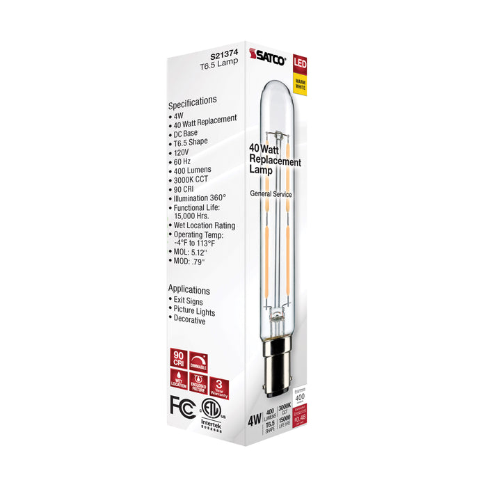 SATCO/NUVO 4W T6.5 LED Clear Double Contact Bayonet Base 3000K 400Lm 120V (S21374)