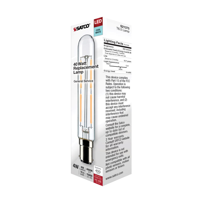 SATCO/NUVO 4W T6.5 LED Clear Double Contact Bayonet Base 4000K 400Lm 120V (S21375)