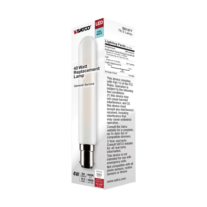 SATCO/NUVO 4W T6.5 LED Frosted Double Contact Bayonet Base 4000K 360Lm 120V (S21377)