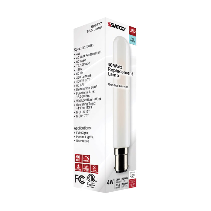 SATCO/NUVO 4W T6.5 LED Frosted Double Contact Bayonet Base 4000K 360Lm 120V (S21377)