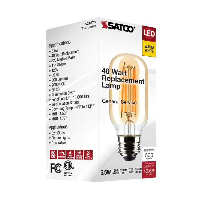 SATCO/NUVO 5.5W T14 LED Clear Medium Base 2000K 500Lm 120V (S21378)