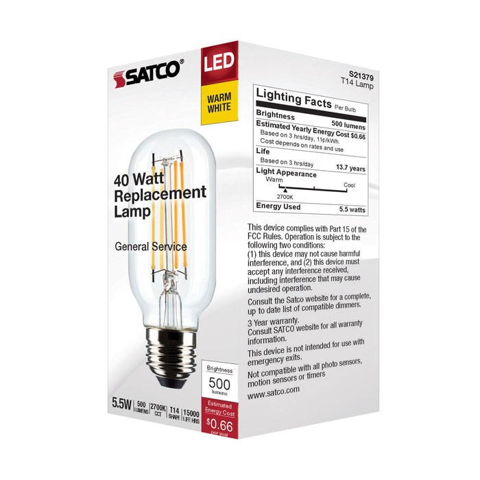 SATCO/NUVO 5.5W T14 LED Clear Medium Base 2700K 500Lm 120V (S21379)