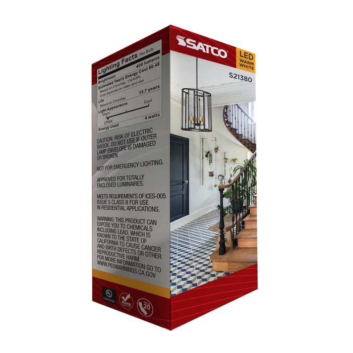 SATCO/NUVO 4W LED T6 Candelabra E12 Base 2700K 400Lm 90 CRI Dimmable 120V (S21380)
