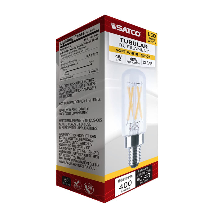 SATCO/NUVO 4W LED T6 Candelabra E12 Base 3000K 400Lm 90 CRI Dimmable 120V (S21381)