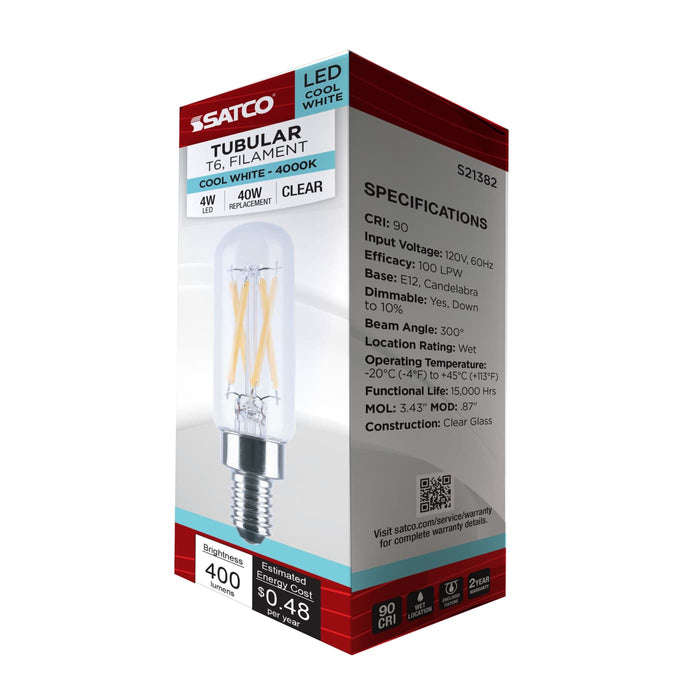 SATCO/NUVO 4W LED T6 Candelabra E12 Base 4000K 400Lm 90 CRI Dimmable 120V (S21382)