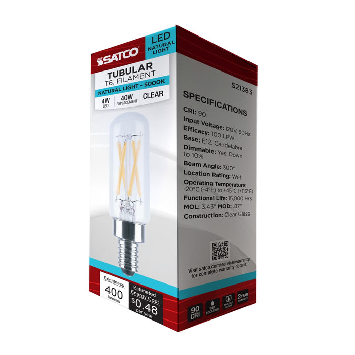 SATCO/NUVO 4W LED T6 Candelabra E12 Base 5000K 400Lm 90 CRI Dimmable 120V (S21383)