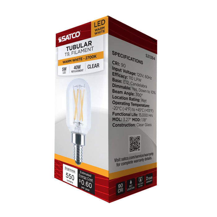 SATCO/NUVO 5W LED T9 Candelabra E12 Base 2700K 550Lm 90 CRI Dimmable 120V (S21384)