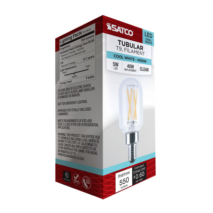 SATCO/NUVO 5W LED T9 Candelabra E12 Base 4000K 550Lm 90 CRI Dimmable 120V (S21386)