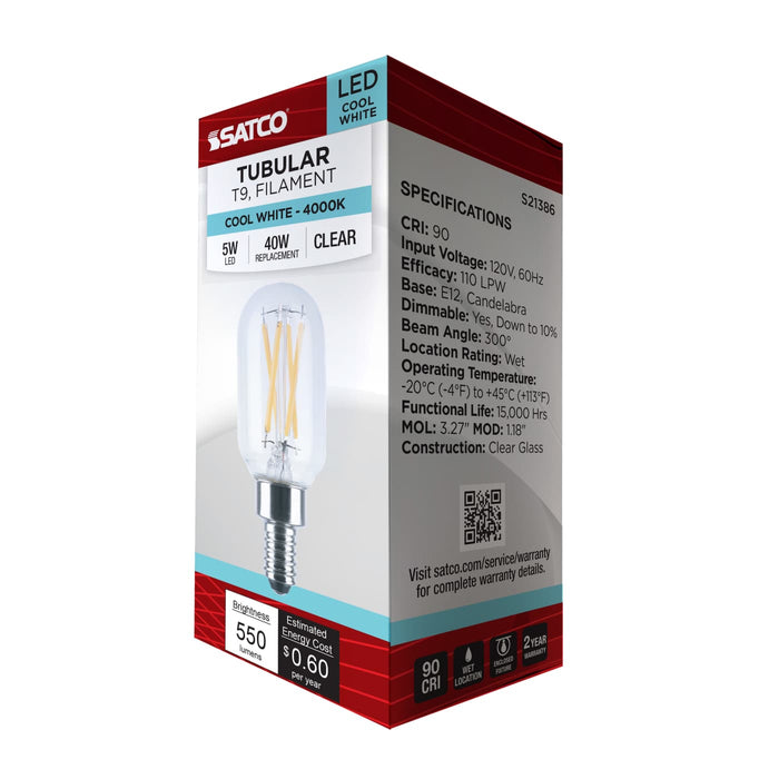 SATCO/NUVO 5W LED T9 Candelabra E12 Base 4000K 550Lm 90 CRI Dimmable 120V (S21386)
