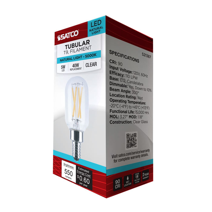 SATCO/NUVO 5W LED T9 Candelabra E12 Base 5000K 550Lm 90 CRI Dimmable 120V (S21387)