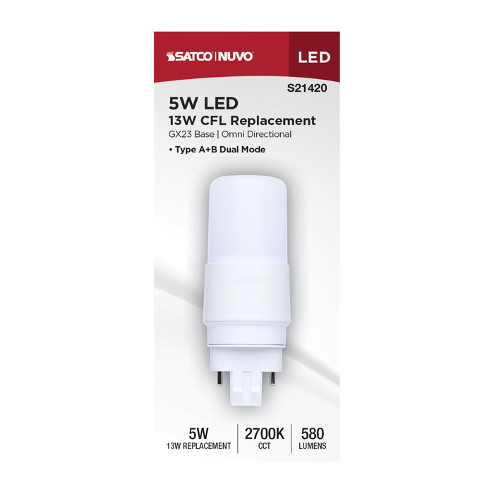 SATCO/NUVO 5W PL LED GX23 Base Frost Finish Type A/B Dual Ballast 2700K 120-277V (S21420)
