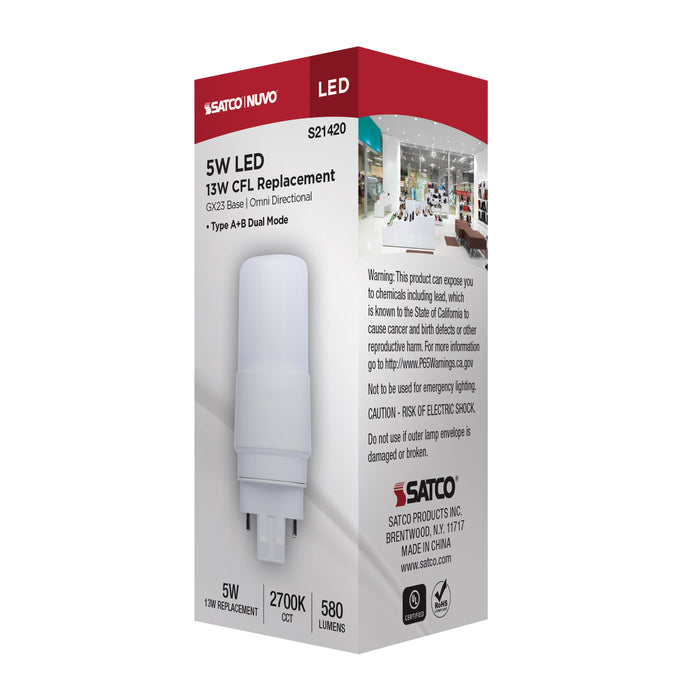 SATCO/NUVO 5W PL LED GX23 Base Frost Finish Type A/B Dual Ballast 2700K 120-277V (S21420)