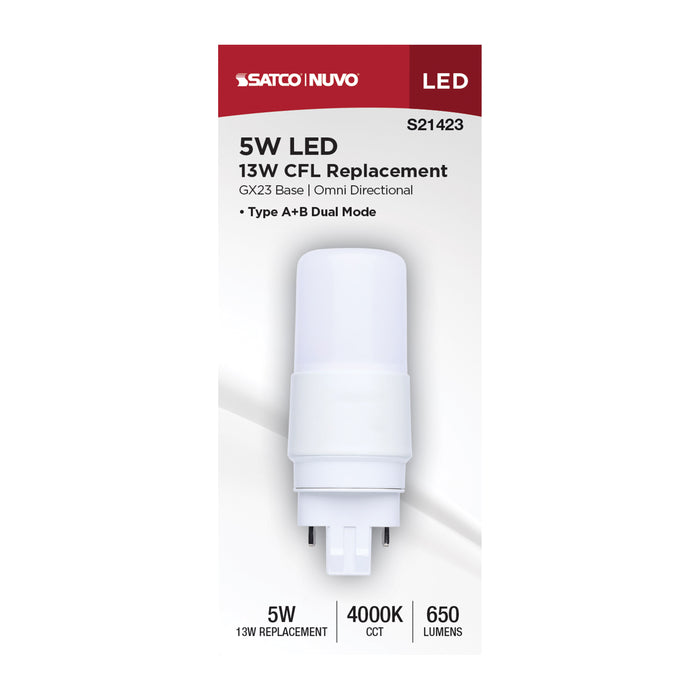 SATCO/NUVO 5W PL Led: GX23 Base Frost Finish Type A/B Dual Ballast 4000K 120-277V (S21423)