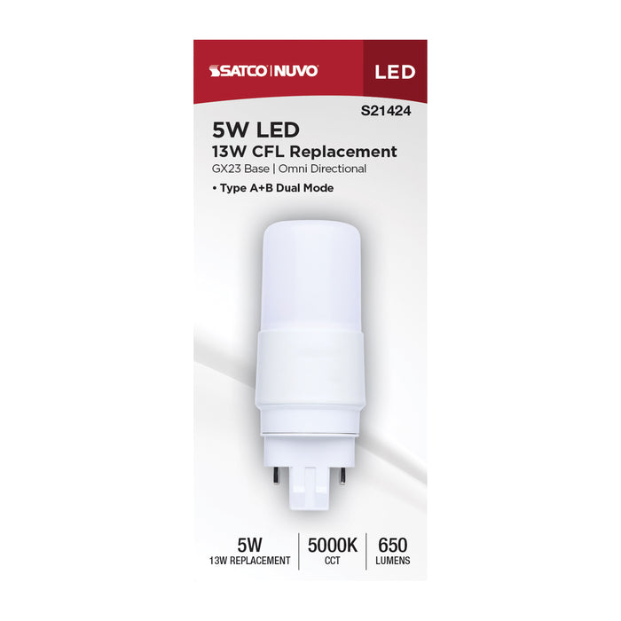 SATCO/NUVO 5W PL LED GX23 Base Frost Finish Type A/B Dual Ballast 5000K 120-277V (S21424)
