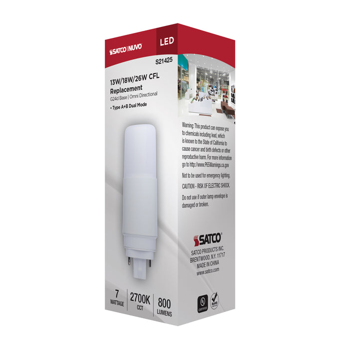 SATCO/NUVO 7W PL LED G24d Base Frost Finish Type A/B Dual Ballast 2700K 120-277V (S21425)