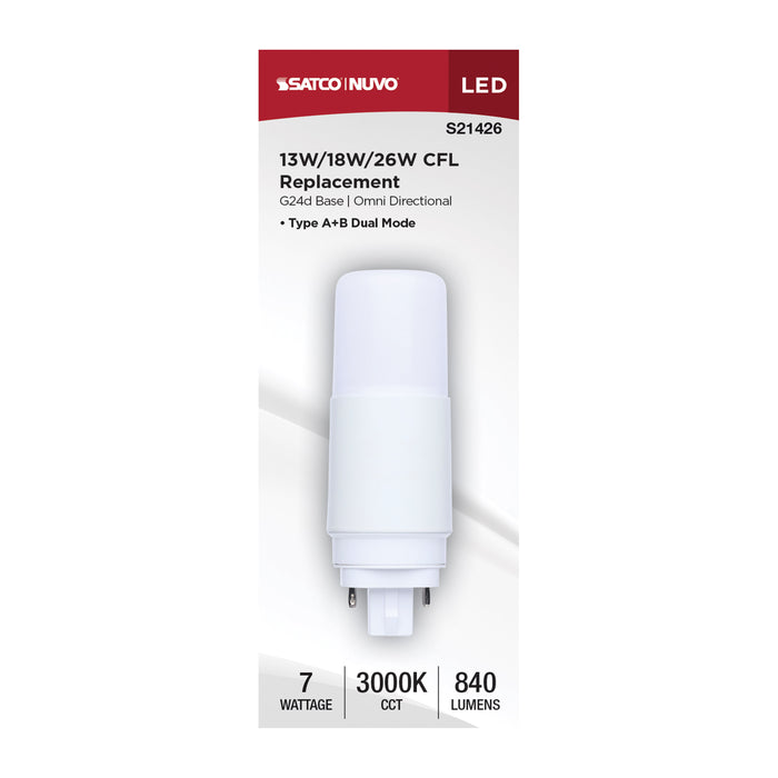 SATCO/NUVO 7W PL LED G24d Base Frost Finish Type A/B Dual Ballast 3000K 120-277V (S21426)