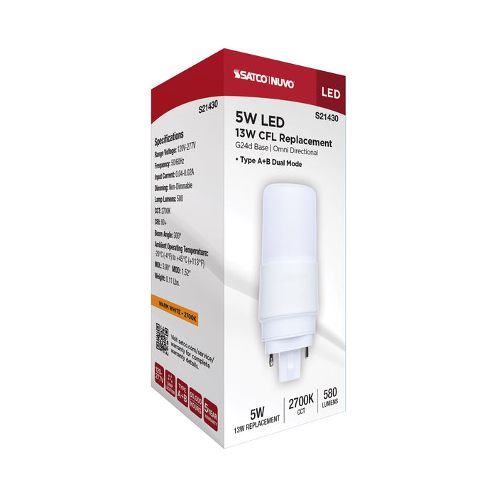 SATCO/NUVO 5W PL LED G24d Base Frost Finish Type A/B Dual Ballast 2700K 120-277V (S21430)