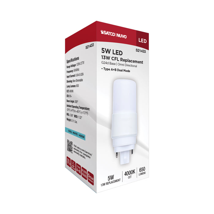 SATCO/NUVO 5W PL LED G24d Base Frost Finish Type A/B Dual Ballast 4000K 120-277V (S21433)