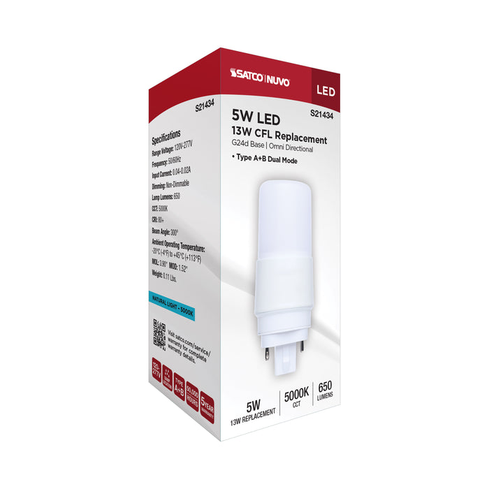 SATCO/NUVO 5W PL LED G24d Base Frost Finish Type A/B Dual Ballast 5000K 120-277V (S21434)