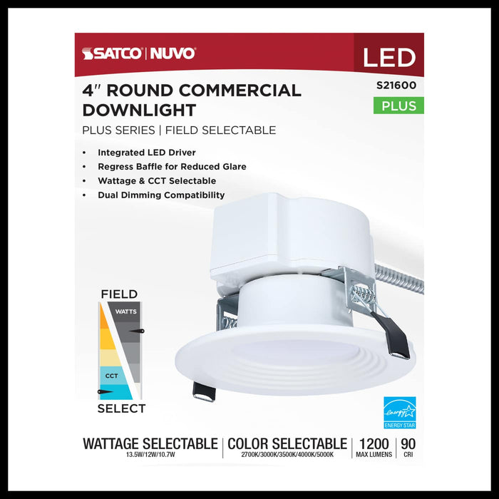 SATCO/NUVO 4 Inch Round LED Commercial Downlight Wattage/CCT Selectable 13.5W/12W/10.7W 2700K/3000K/3500K/4000K/5000K 120-347V Dimmable White (S21600)