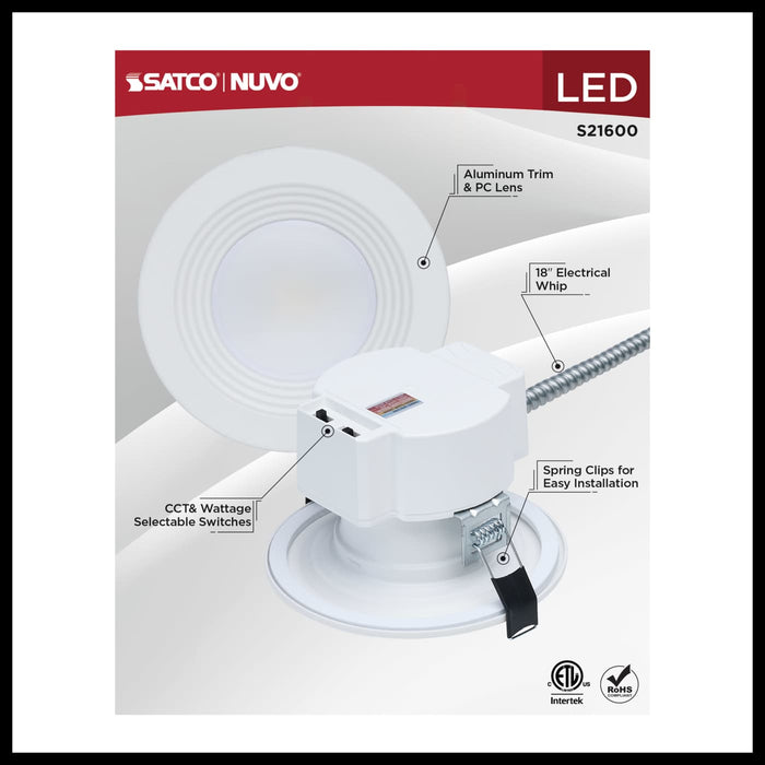 SATCO/NUVO 4 Inch Round LED Commercial Downlight Wattage/CCT Selectable 13.5W/12W/10.7W 2700K/3000K/3500K/4000K/5000K 120-347V Dimmable White (S21600)