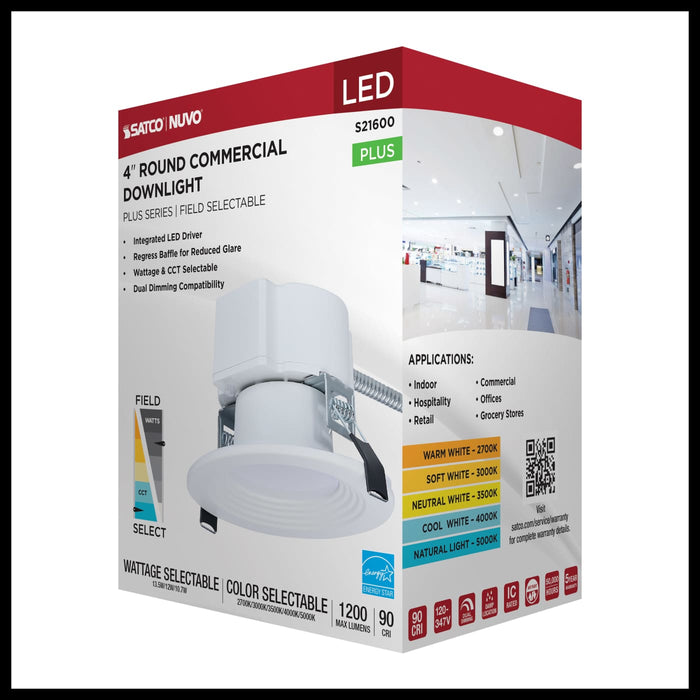 SATCO/NUVO 4 Inch Round LED Commercial Downlight Wattage/CCT Selectable 13.5W/12W/10.7W 2700K/3000K/3500K/4000K/5000K 120-347V Dimmable White (S21600)