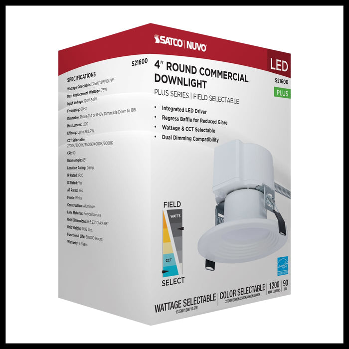 SATCO/NUVO 4 Inch Round LED Commercial Downlight Wattage/CCT Selectable 13.5W/12W/10.7W 2700K/3000K/3500K/4000K/5000K 120-347V Dimmable White (S21600)