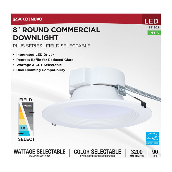 SATCO/NUVO 8 Inch Round LED Commercial Downlight Wattage/CCT Selectable 25.5W/22.5W/17.2W 2700K/3000K/3500K/4000K/5000K 120-347V Dimmable White (S21602)